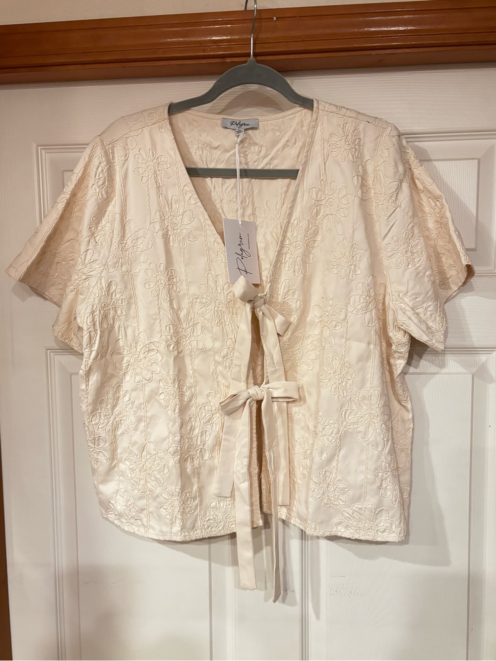 Polagram Cream Embroidered Tie-Front Short Sleeve Blouse
